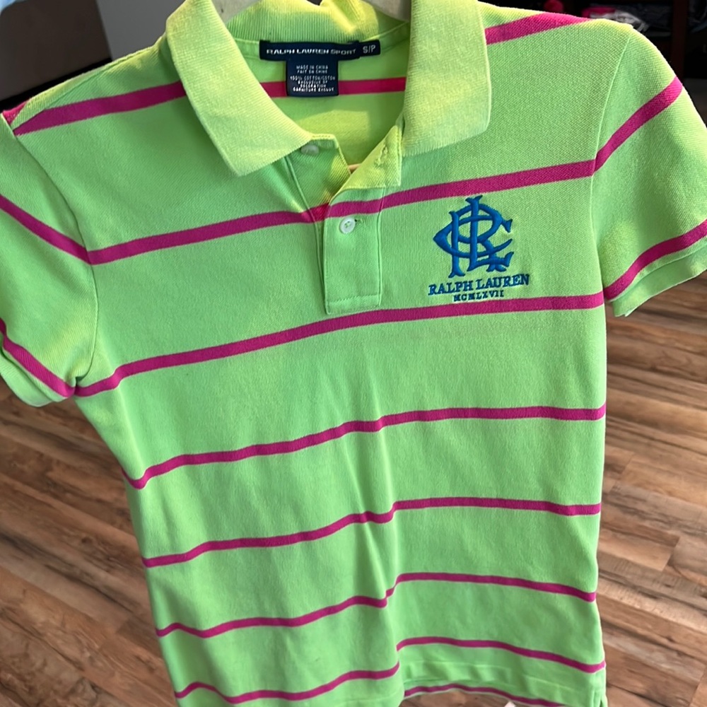 Womens Ralph Lauren Sport Green/Pink Stripped Polo- SMALL